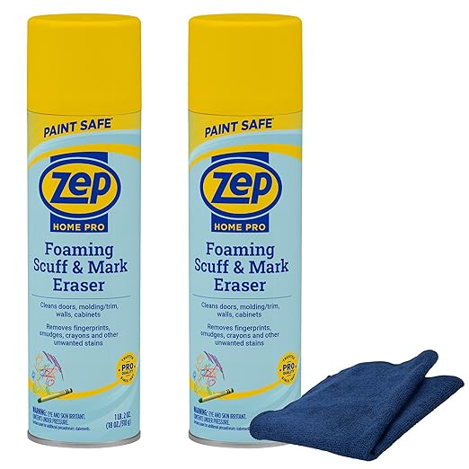 Zep Home Pro Foaming Scuff & Mark Eraser 18 oz (2 Units) & Blue Microfiber Rag ECBD040 - Paint-Safe Wall Cleaner for Scuffs Marks and Crayon on Painted Surfaces