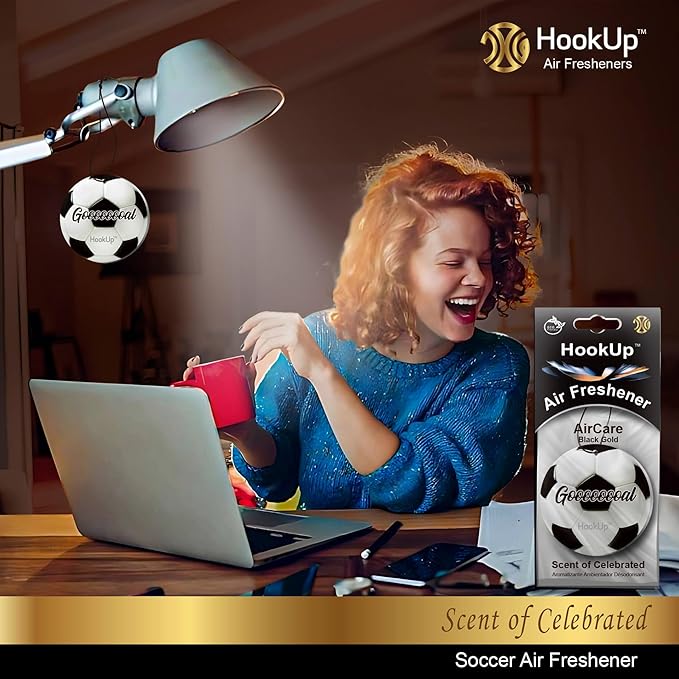 Soccer Car Air Freshener by HookUp - 4 Pack - Black Gold Scent (Extra Strong) | Unique Soccer Gift for Players, Coach, Fans | Hanging Car Accessory with Long Lasting Fresheners Smell