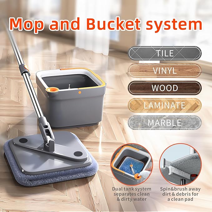 Spin Mop and Bucket Set with Self Separation Dirty and Clean Water System, Square Mop Bucket Self Wringing 360° Rotating Clean Floor Mop-Head for Hardwood Tile Marble Floors