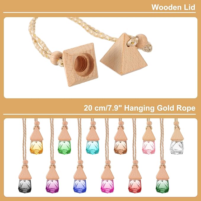 uxcell 4pcs Hanging Car Air Freshener Perfume Bottle, 8ml Pendant Empty Clear/Brown Glass Essential Oil Aromatherapy Diffuser with Wooden Cap for Car Decor (Clear/Brown, Rhombus)