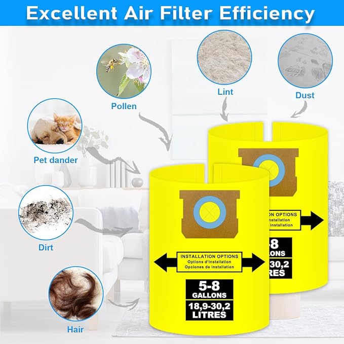 5-8 Gallon Bags for Shop Vac 5, 6, 8 Gallon, 90661, 90671, Type E, Type H, VF2004, VHBS, VDBS, 9066100, 9066133, 9067100 Vacuums, High-Efficiency Disposable Collection Filter Bag, Double Layer, 6 pack