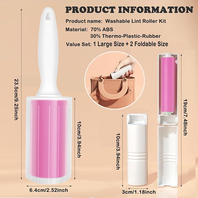 Washable Gel Lint Roller 3 Pack, Reusable Sticky Lint Roller Portable Pet Hair Remover Cleaner for Clothes, Travel, Home, Large with Cover and Foldable Mini Remover, Pink