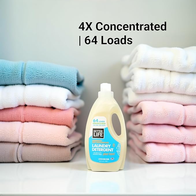 BETTER LIFE Laundry Detergent - Concentrated Liquid Laundry Soap for Automatic Washing Machine - Gentle Unscented Laundry Supplies for Sensitive Skin - 64oz