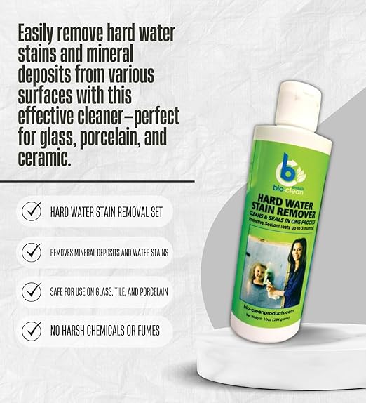 2x Bio-Clean 10 oz Hard Water Stain Remover Bundle with Microfiber Cloth – Removes Mineral Deposits and Spots from Glass, Tile, and Chrome Surfaces – Gift Set (3 Items)
