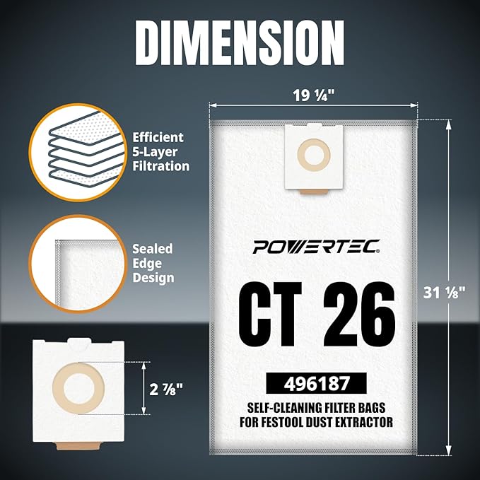 POWERTEC 496187 Self-Clean Filter Bag for Festool CT 26-5PK, Compatible with CT26, CT26 E, CTL26, CTM26 Dust Extractors (75037)