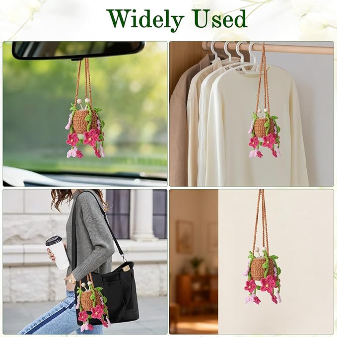 Crochet Car Air Freshener, 8 ml Empty Refillable Oil Diffuser Bottle with Hanging Crochet Red Daisies Plant & Hanging Tools, Car Rearview Mirror Diffuser for Wall Art & Home & Office Decoration