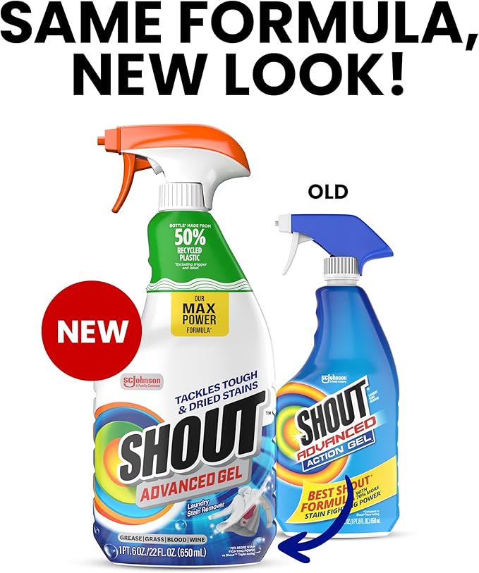 Shout Advanced Laundry Stain Remover Gel for Clothes Laundry, Breaks Down Stubborn, Dried-in, and Tough Stains, 22oz Spray, Pack of 6 (Packaging May Vary)