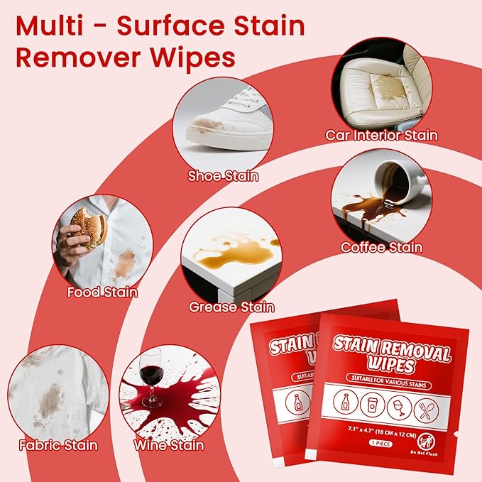Stain Remover Wet Wipes Bulk, Individual Wrapped Clothes Portable Travel Messy Eater Cleaning Laundry Stain Removal Wipes Pocket Size for Clothing Fabric/Shoes/Wine/Fast Food 7.1 x 4.7 Inch (Red 200)