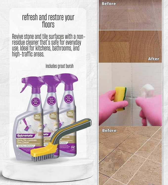 3x Rejuvenate Laminate Floor Cleaner 32 oz Liquid Bundle with Scrub Brush – Removes Ground-In Dirt and Stains from Stone, Tile, and Laminate Floors with Streak-Free Shine – Gift Set (4 Items)