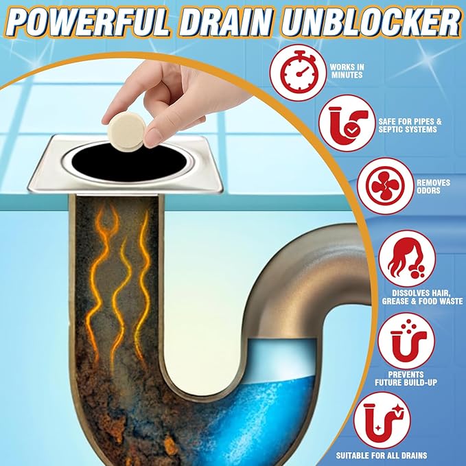 Smelly Drain Cleaner Tablets, 25 Pack Disposal Cleaner Tablets Eliminator Quickly Eliminates Odors, Sink Smell Effervescent Tablets, Sink Drain Cleaner for Sewer, Toilet and Septic Tank, 1 Year Supply