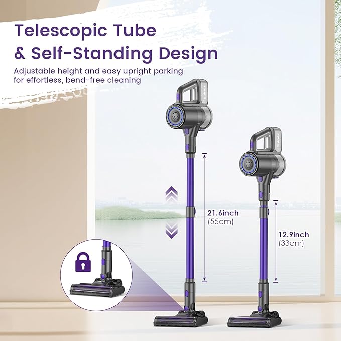 Cordless Vacuum Cleaner, 40KPA/500W/35Mins, Powerful Suction with Green LED Dust Detection, Stick Vacuum Self-Standing, Lightweight Handheld Vacuum for Pet Hair, Carpet & Hard Floor