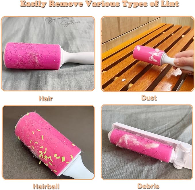 Washable Gel Lint Roller 3 Pack, Reusable Sticky Lint Roller Portable Pet Hair Remover Cleaner for Clothes, Travel, Home, Large with Cover and Foldable Mini Remover, Pink