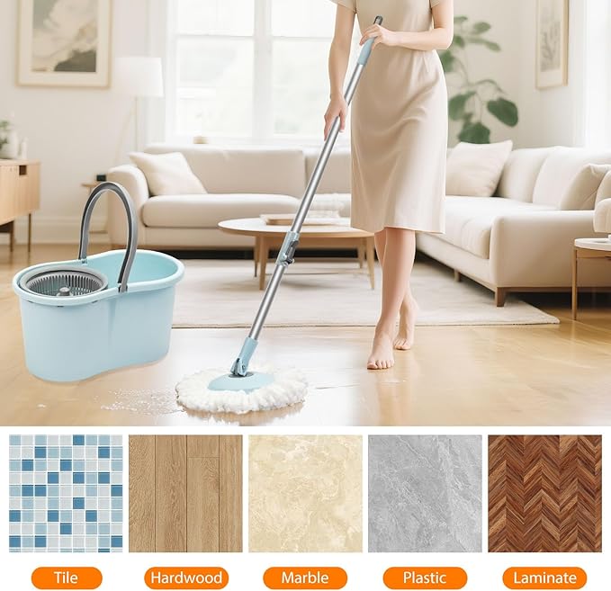 Mop Buckets for Floor Cleaning 360° Spin Wringer Separate Dirty Water with Replaceable Microfiber Mop Head Wet and Dry Suitable for Office and Home Use,Blue