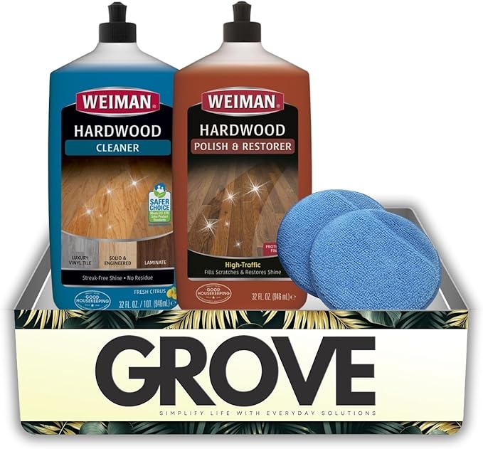 Weiman High Traffic High Gloss Hardwood Floor Polish & Restorer 32 oz, Citrus Scent Cleaner 32 oz Bundle with Microfiber Applicator Pads – Protects, Cleans & Shines – Gift Set (3 Items)