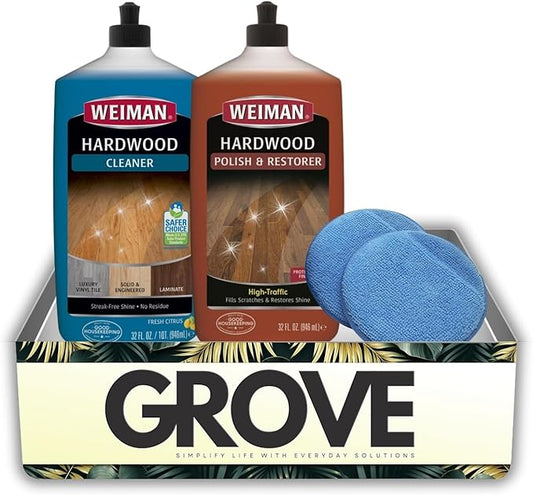 Weiman High Traffic High Gloss Hardwood Floor Polish & Restorer 32 oz, Citrus Scent Cleaner 32 oz Bundle with Microfiber Applicator Pads – Protects, Cleans & Shines – Gift Set (3 Items)