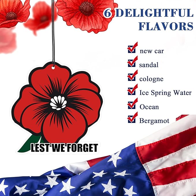 12 Pcs Memorial Day Gifts Bulk Red Poppy Car Air Fresheners Poppy Flowers Hanging Ornaments for Memorial Veterans Day Gifts