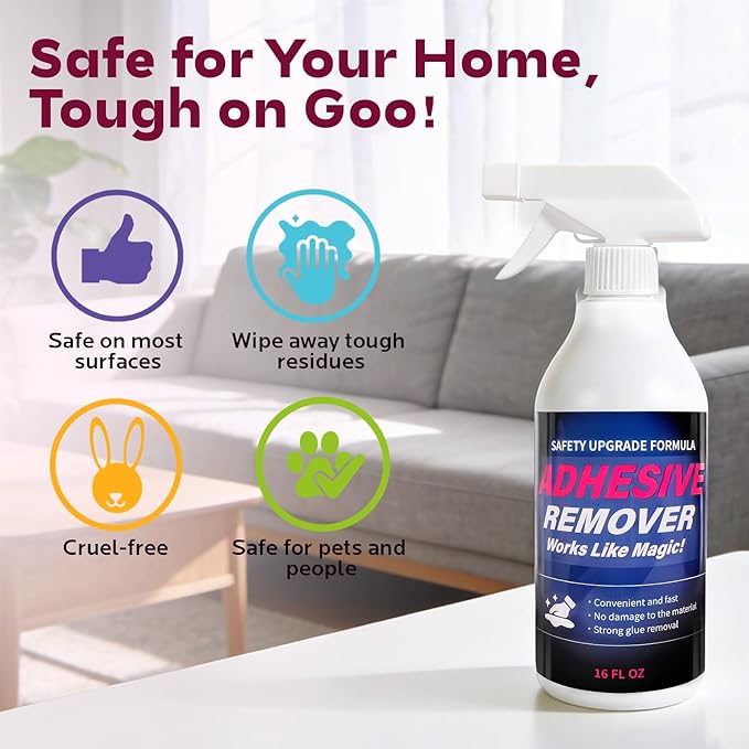 Adhesive Remover Spray for Sticky Residue - Heavy Duty Sticker Eraser for Cars Glass Plastic Metal - Cleans Decals Glue Crayon Tar Gum & Labels - Surface Safe Formula