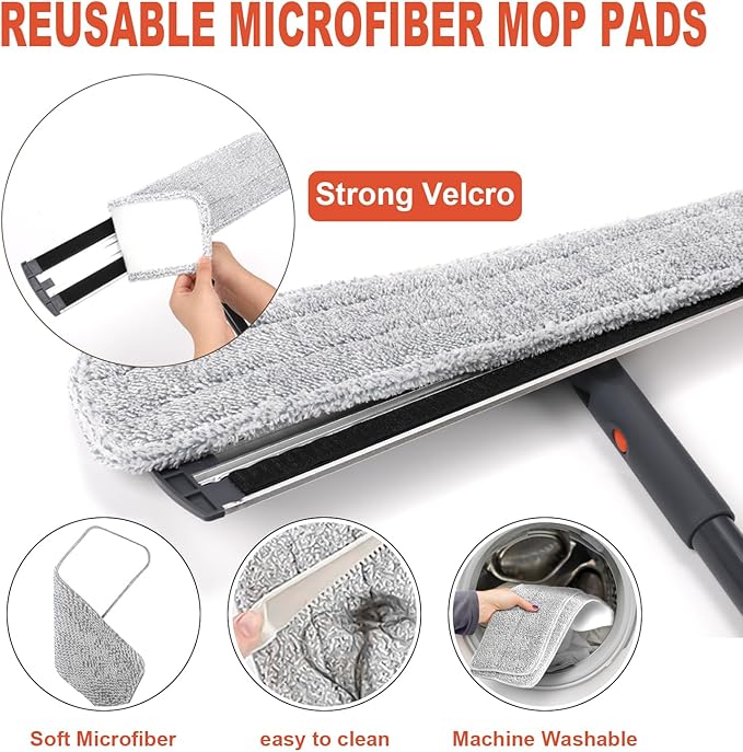 24inch Flat Mop for Cleaning Floors Heavy Duty Microfiber Wet Mop Deep Cleaning for Hardwood, Tile & Laminate, Includes 4 Reusable Washable Pads and Adjustable Long Handle