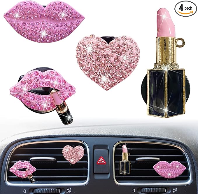 Pink Lips Air Vent Clips, 4 Pcs Sexy Lips Kiss Heart Shape Car Air Fresheners for Women Charms Rhinestone Diffuser Vent Clip Cute Car Decor Bling Car Accessories for Women