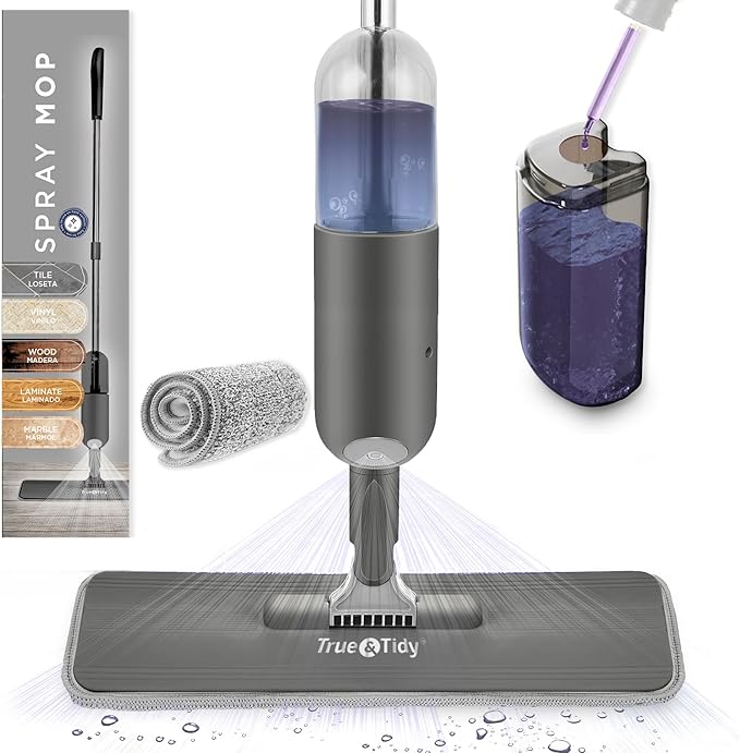 True & Tidy® SPRAY-250A Multi-Surface Spray Mop with Refillable Water Bottle, Use Any Cleaning Solution Easy to Fill and Refill with Machine Washable Mop Pad (Gray)