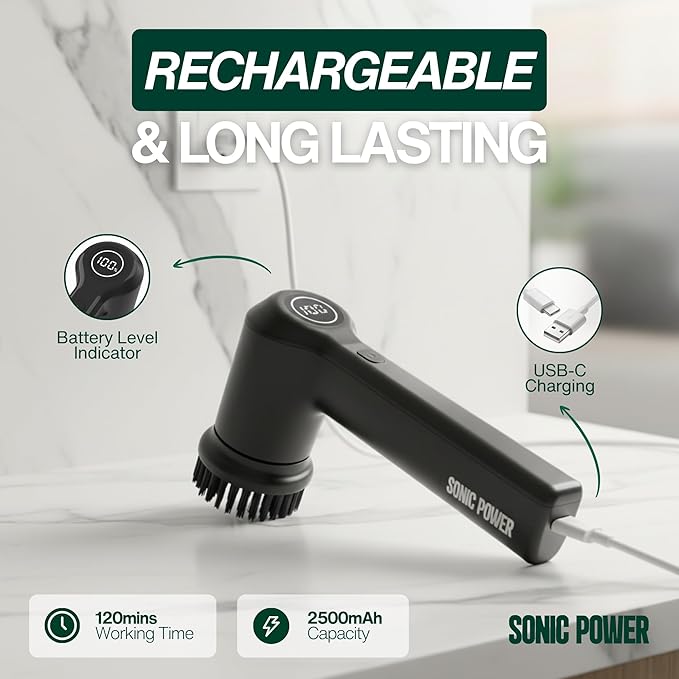 Electric Spin Scrubber – Handheld & Ergonomic, IPX7 Waterproof, 4 Multi-Purpose Brush Heads, Long-Lasting Rechargeable Battery – Cleans Dishes, Bathroom, Tile, Grout & Kitchen (Black)