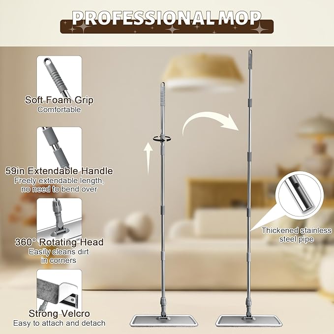 17.7" Microfiber Mop for Floor Cleaning, 59in Long Adjustable Stainless Steel Handle, 360° Rotating Large Flat Mops, 4 Washable Pads for Dry & Wet Cleaning for Hardwood, Vinyl, Laminate, Grey