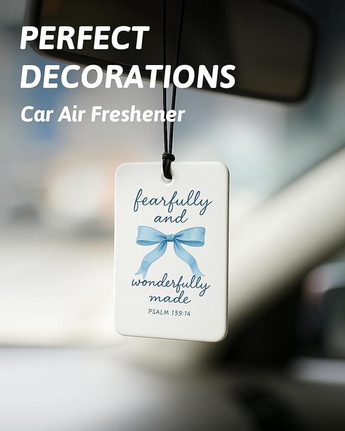 Inspirational Christian Car Air Freshener 4 Pcs, Blue Coquette Bow Religious Hanging Air Freshener for Cars Closet Drawer Books, Girly Christian Car Accessories Mirror Decor for Women