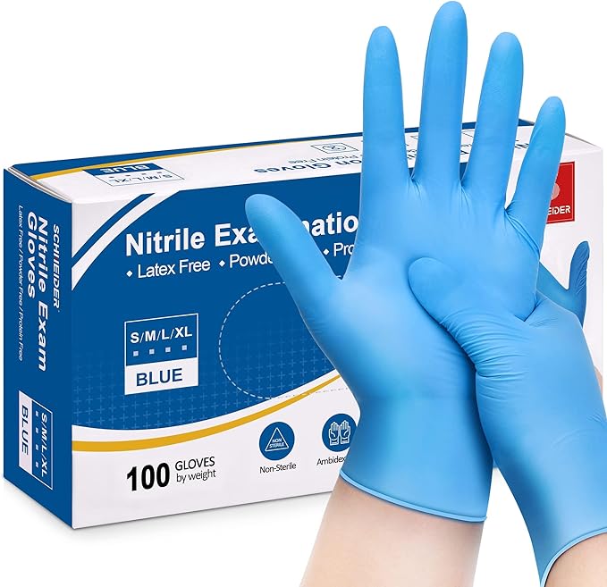 Schneider Nitrile Exam Gloves, Blue, 4 mil, Powder-Free, Latex-Free, for Medical Exam, Cleaning and Food Prep, Non-Sterile