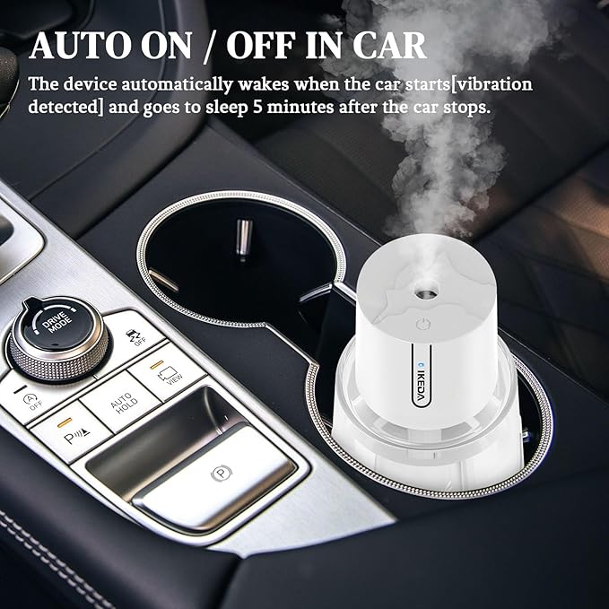 Ikeda Car Diffusers for Essential Oils,100ml Glass Car Essential Oil Diffuser, Smart Car Air Freshener Diffuser with 3 Adjustable Modes, Auto On/Off & 300mAH Battery Operated Car Aroma Diffuser, White