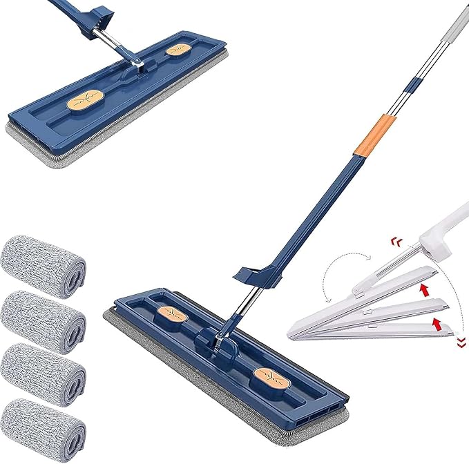 Roseionly Large Flat Mop, 360 Rotating Magic Self Wringing, Scalable Bucket with Wheels (blue)
