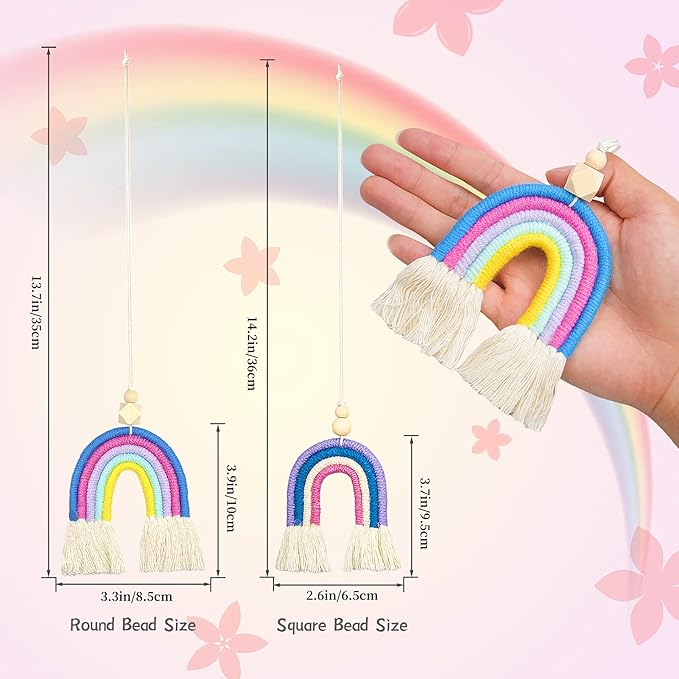 8 Pcs Boho Rainbow Car Charm Macrame, Cute Bohemian Handmade Woven Wooden Beads, Diffuser, Colorful Accessories Hanging Air Fresheners Decor