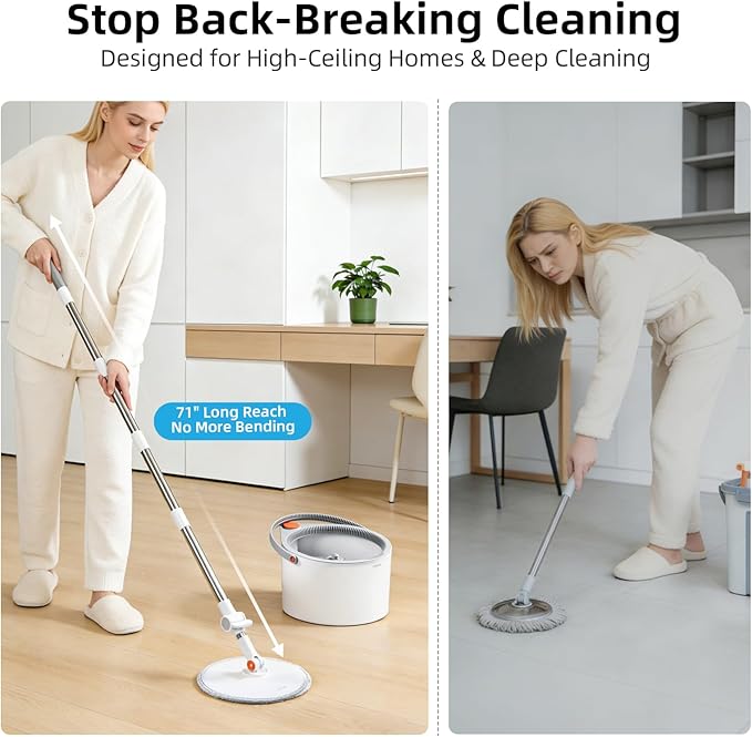 3-in-1 Precision Spin Mop & Bucket System, 71” Extra-Long Handle, Clean-Water Separation, 3 Specialized Heads for Baseboards & Corners, Compact for Hardwood & Micro-Porous Floors