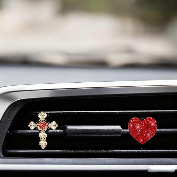 2PCS Bling Car Vent Clip Car Accessories, Crystal Rhinestone Cross and Heart Car Air Fresheners Vent Clips, Diamond Auto Air Conditioner Outlet Decoration Charm for Women
