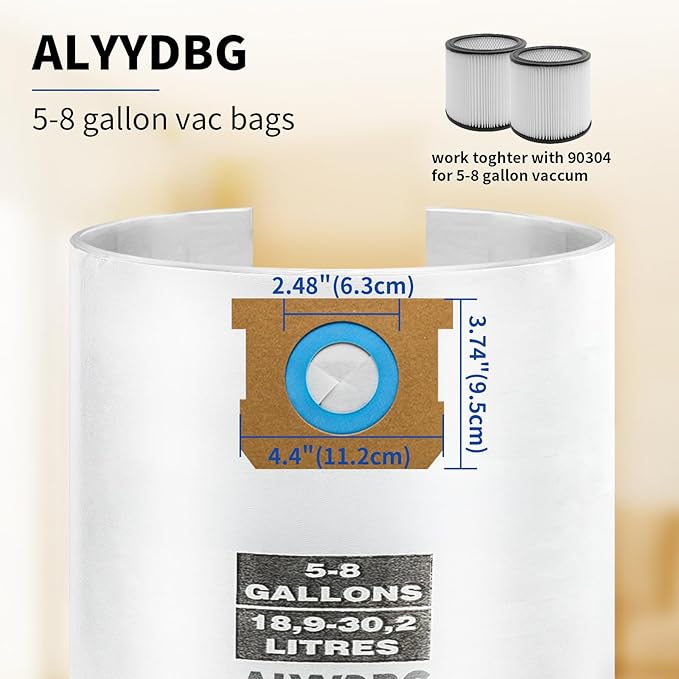 Universal 5-8 Gallon Vac Bags for 2-1/2 Inch Port Canister, ALYYDBG Type E 90661 9066166, Type H 90671 9067133; VF2004, VHBS VDBS High- Efficiency Disposable Vacuum Collection Filter Bags 5 Pack