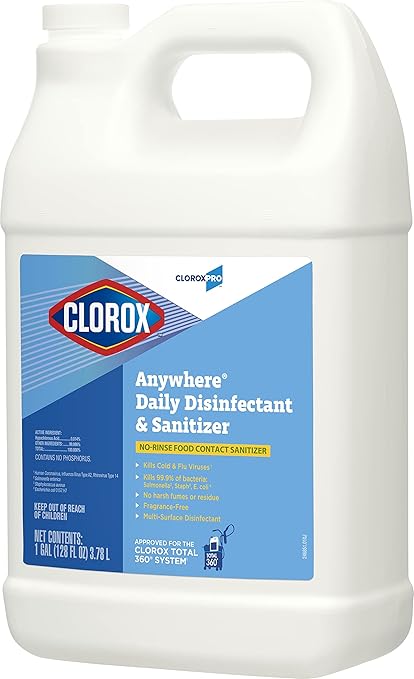 CloroxPro Anywhere Daily Disinfectant and Sanitizer, No-Rinse Food Contact Sanitizer, Refill, 128 Fluid Ounces