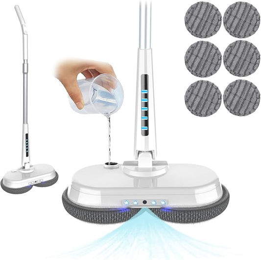 Cordless Electric Mop for Floor Cleaning Spray Spin Mopping Rechargeable 2000 mAh with 4 LED Lights and Water Tank, 6 Mop Pads, 43 inches, White