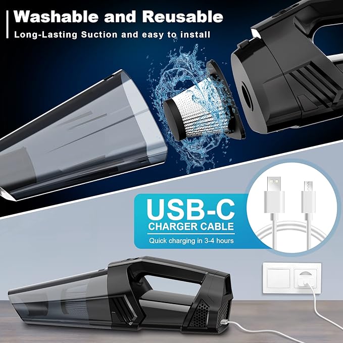 Handheld Vacuum Cordless Portable Car Vacuum with LED Light, High Power Suction, 3 in 1, Lightweight Rechargeable Hand Vacuum, Hand Held Vacuum Cleaner for Car Home Office, Pet Hair, Black