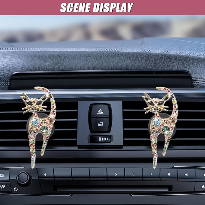 2PCS Car Vent Clips, Bling Cat Air Conditioning Outlet Clip, Crystal Rhinestone Auto Diffuser Perfume Clip, Cute Car Accessories for Women, Vehicle Interior Decoration (Colorful)