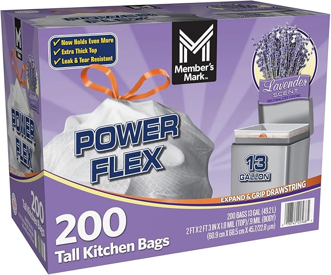 Member's Mark Power Flex Tall Kitchen Drawstring Trash Bags (13 Gallon, 2 Rolls of 100 ct., 200 count total)