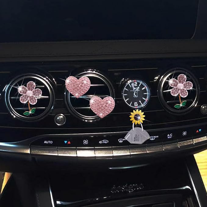 Bling Pink Daisy Car Air Fresheners with 4 Heart Vents Clips for Women's Carr deco + Mask Hook