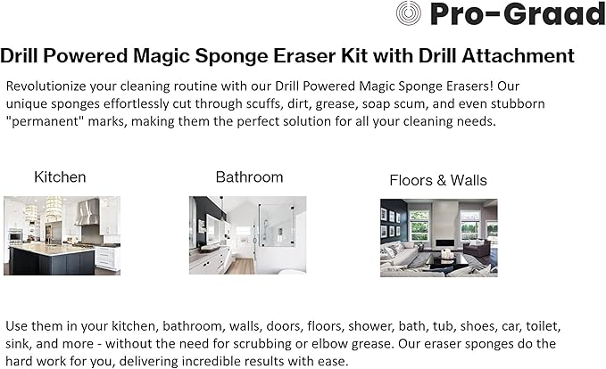 3.5” Drill Powered Magic Sponge Eraser 6 Pieces Kit with Drill Attachment | 25% Thicker Ultra Durable Melamine Cleaning Eraser Pads for Bathroom Kitchen Floors Walls Baseboards Crayon Marker and More