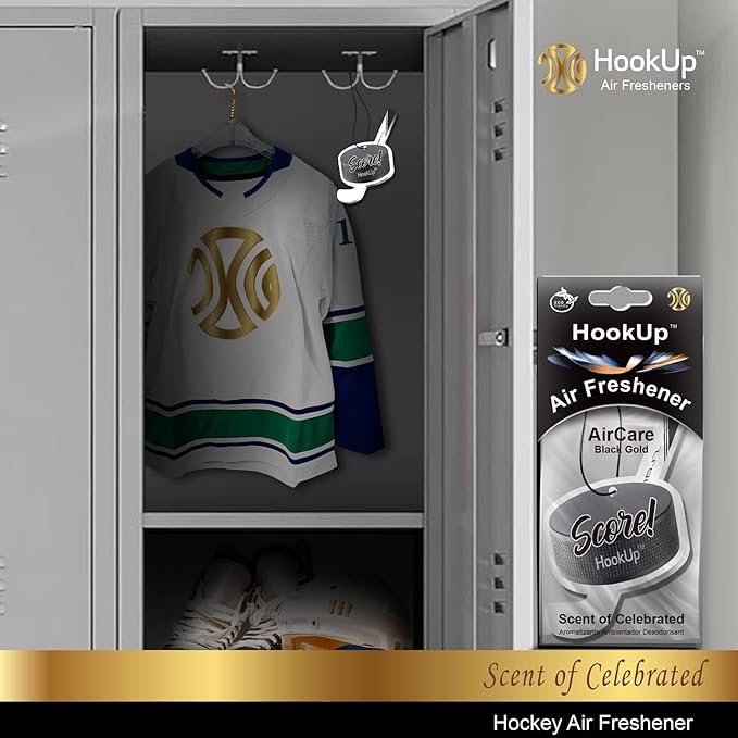 Hockey Car Air Freshener by HookUp - 4 Pack - Black Gold Scent (Extra Strong) | Unique Hockey Gift for Players, Coach, Fans | Hanging Car Accessory with Long Lasting Fresheners Smell