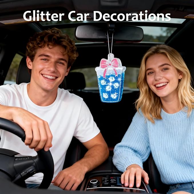 MUBYOK Handmade Car Air Freshener, Cute Christmas Gift Car Accessories for Women Girls, Glitter Hanging Air Freshie for Car Closet Bathroom Decor, Blue Coffee Cup