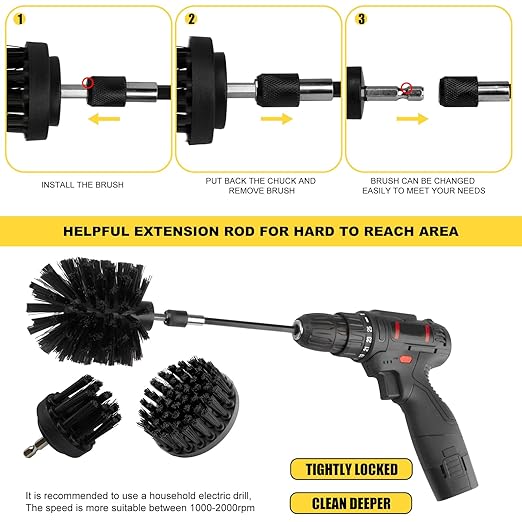 Drill Brush Attachment Kit, Multi-Purpose Scrubber, 4-Piece Cleaning Kit for Bathroom, Glass, Tile, Car Tires - Black