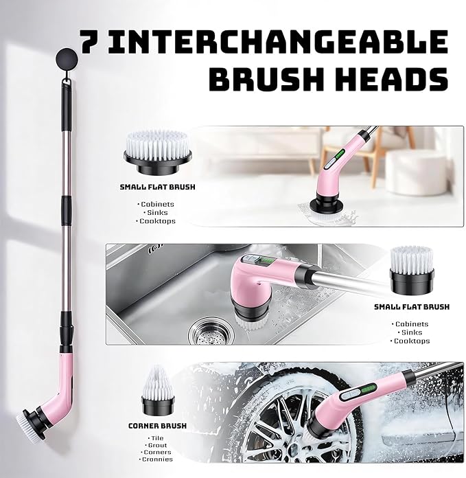 Electric Spin Scrubber for Cleaning Bathroom: Cordless Power Shower Scrubber - Electric Cleaning Brush for Tile Tub - Pink