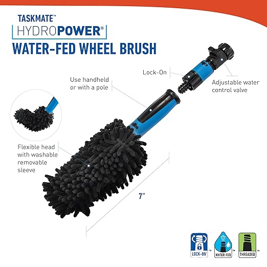 Unger 7” Hydropower Wheel & Detail Brush with Adjustable On/Off Water Control Valve for Car and Auto Cleaning, Non-Scratch Microfiber Sleeve, Machine Washable, Flexible for Rims, Tires, and Wheels