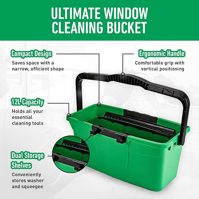 Unger AK013 Window Cleaning Kit – 3-in-1 Starter Set with Window Squeegee, Microfibre Washer with T-Bar Handle & 12L Cleaning Bucket – Professional Window Cleaner Set