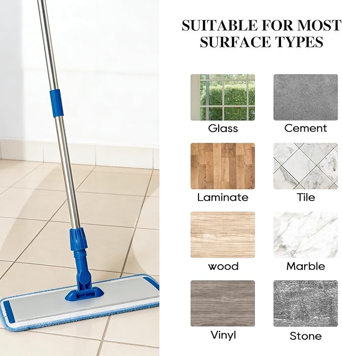 17.5'' Microfiber Mop for Floor Cleaning-Blue Flat Floor Mop with 58'' Stainless Steel Handle- 4 Reusable Washable Replacement Pads-Wet & Dry Use for Hardwood Tile Laminate-Home Kitchen Bathroom