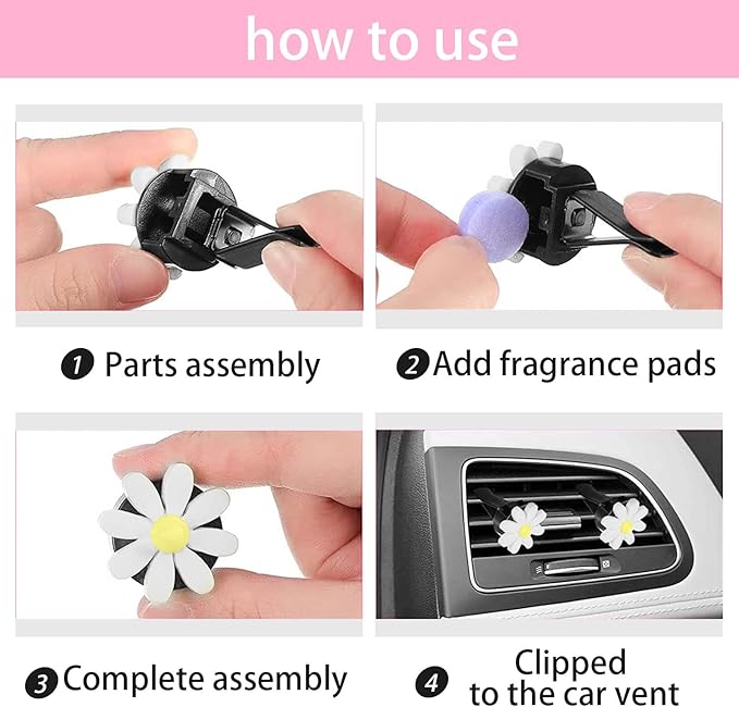 Daisy 8-Piece Car Accessory Set - Air Vent Clips, Cute Air Fresheners, Dashboard Clip, Car Diffuser Vent Clip & Mask Hook (White)