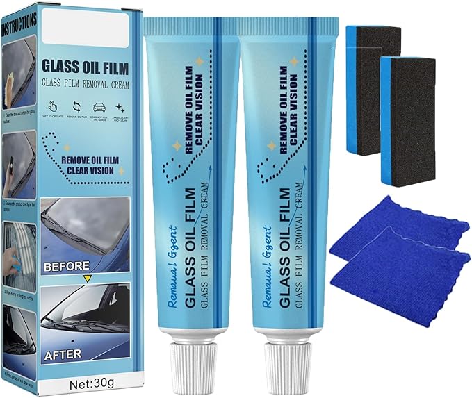 XIRUJNFD Car Glass Oil Film Cleaner, Water Spot Remover for Cars, Glass Film Removal Cream, Glass Oil Film Remover for Car (2 Set)